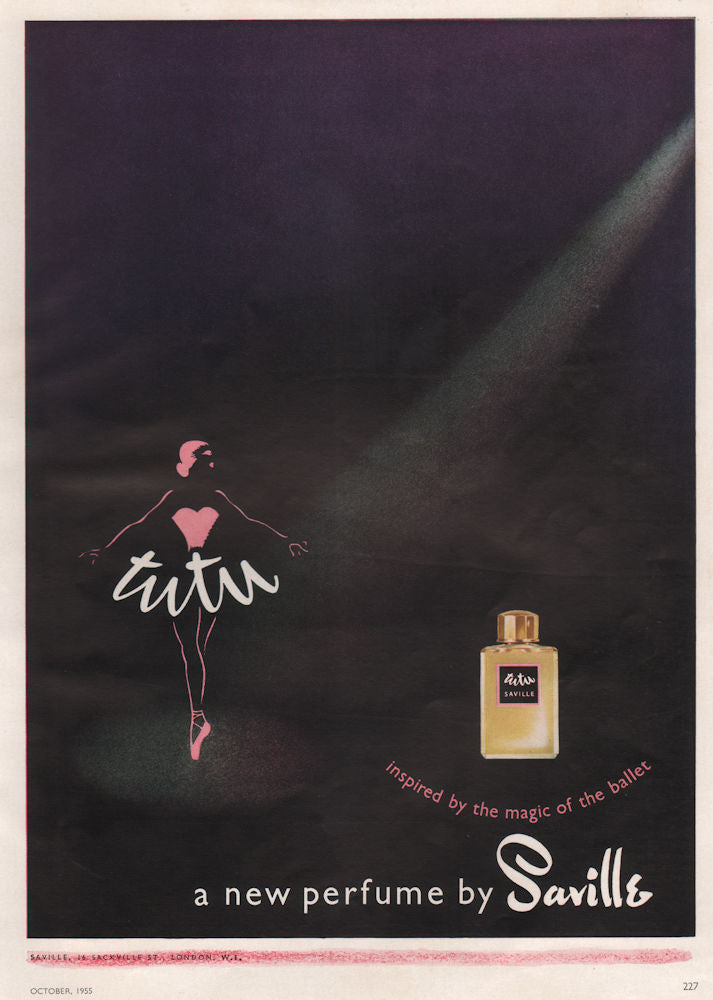 Tutu. Inspired by the magic of the ballet, a new perfume by Saville. Advert 1955